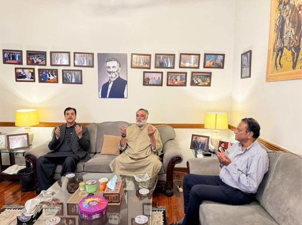 Senate Chairman Syed Yousaf Raza Gilani Offering Fateha for the Departed Soul of The Aunt of Senator Mir Dostain Khan Domki at his residence in Islamabad.