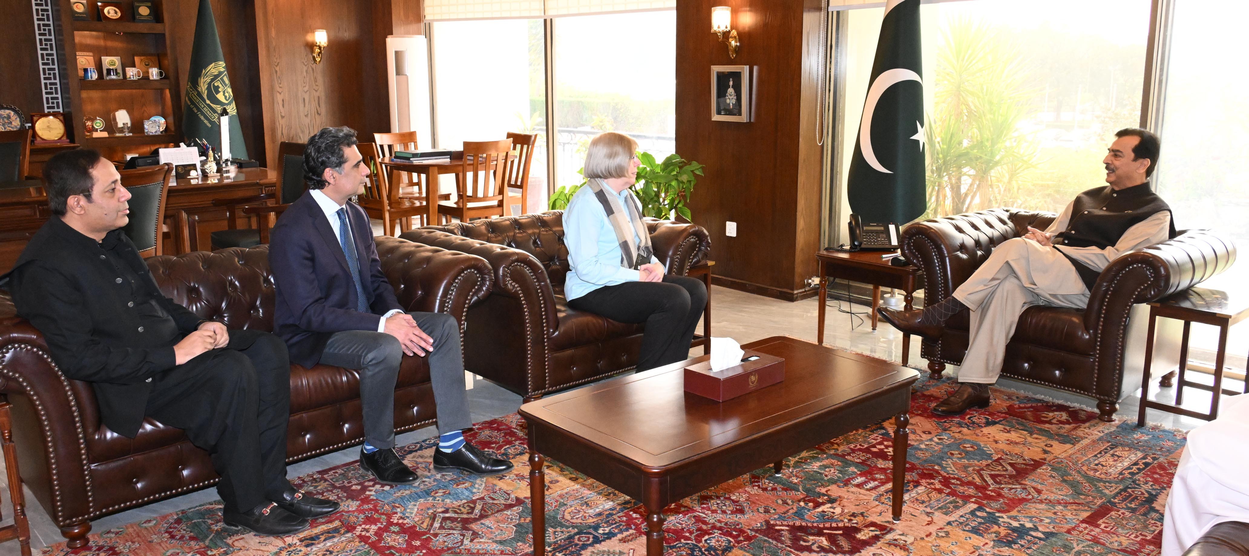 Ms. Mary Cummins, Team Leader of Mustehkam Parlimaan (MUP), called on Chairman Senate, Syed Yousaf Raza Gilani at Parliament House, Islamabad 