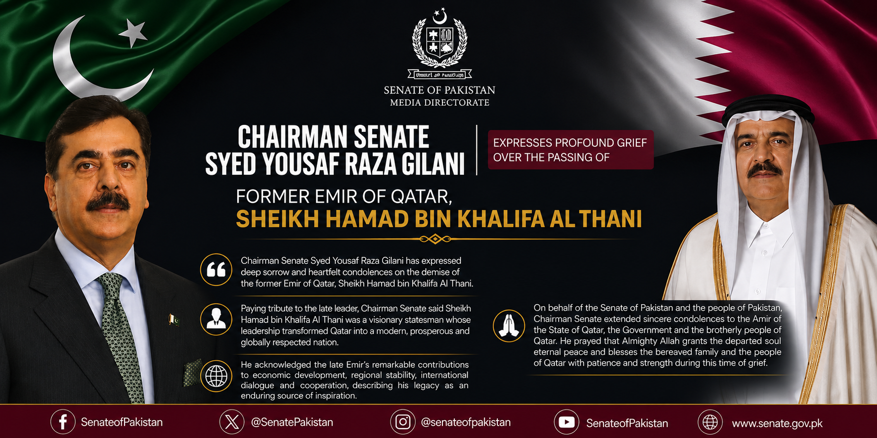 Chairman Senate Syed Yousaf Raza Gilani expresses deep sorrow over the demise of former Emir of Qatar Sheikh Hamad bin Khalifa Al Thani