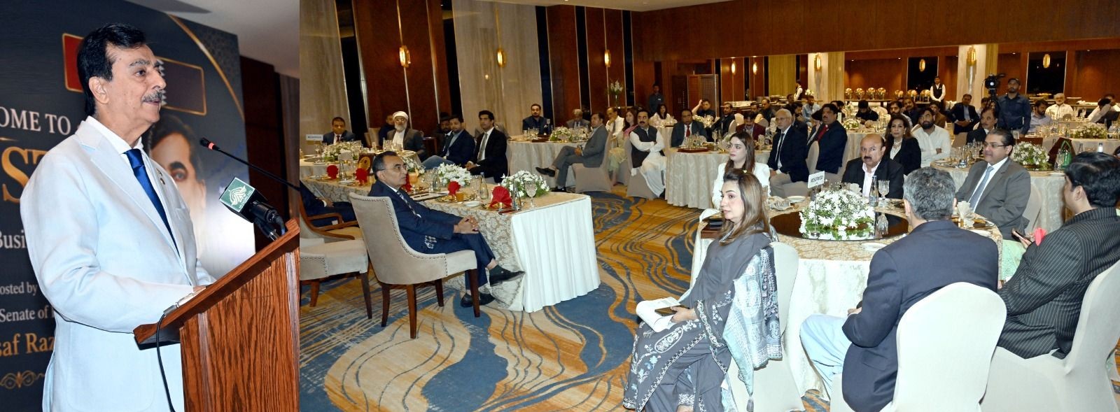 Chairman Senate, Syed Yousaf Raza Gilani addressing at the formal luncheon in honor of the representatives of the New York Chamber of Small Business Corp. USA & other highly esteemed businessmen from Pakistan in Islamabad