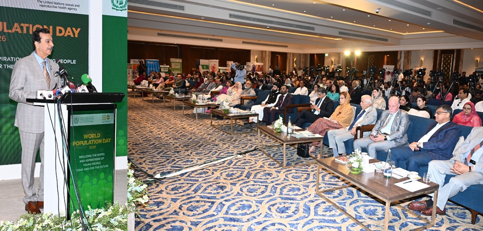 Chairman Senate, Syed Yousaf Raza Gilani, addressing as Chief Guest at a ceremony marking World Population Day, organized by the Ministry of National Health Services, Regulations and Coordination in Islamabad.