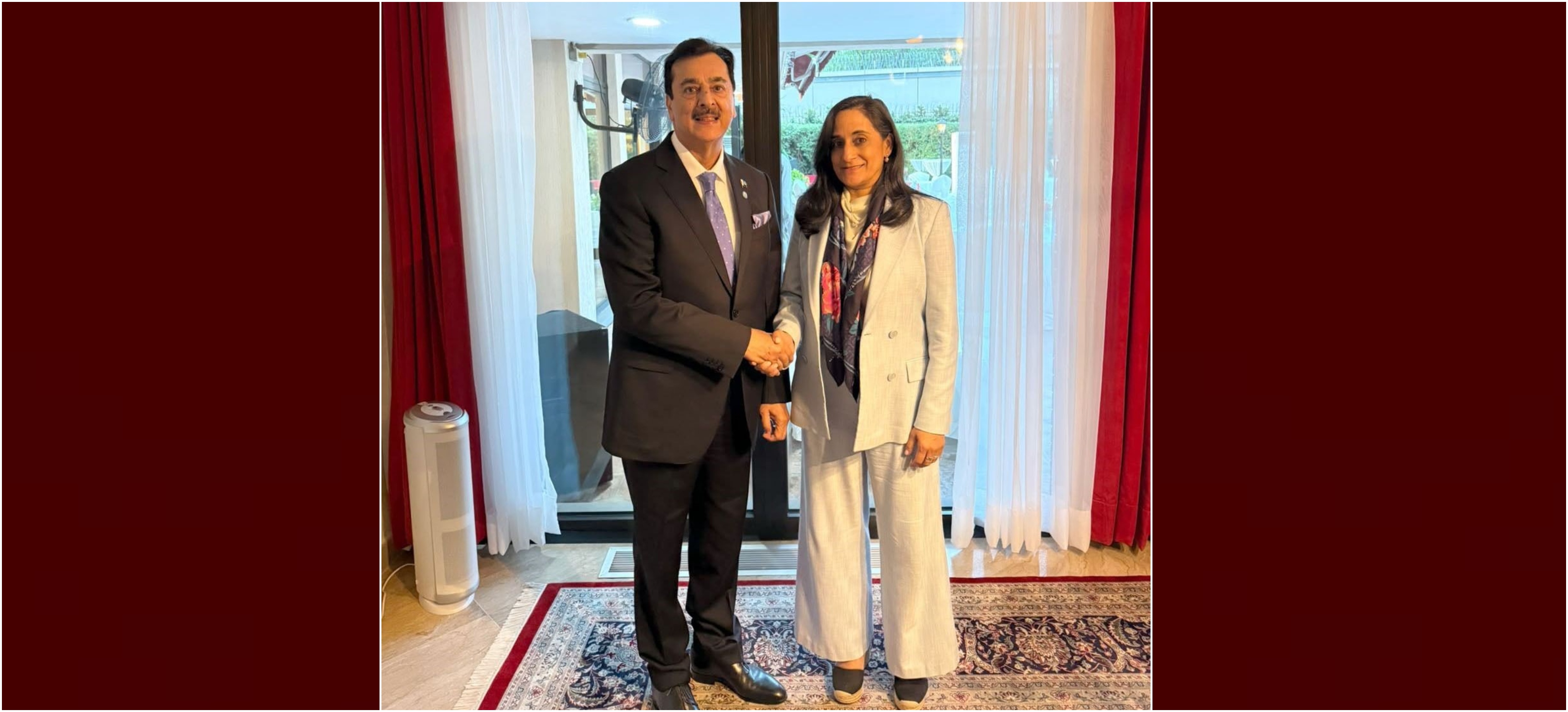 Chairman Senate, Syed Yousaf Raza Gilani shaking hands with honourable Anita Anand, Minister of Foreign Affairs of Canada in Islamabad