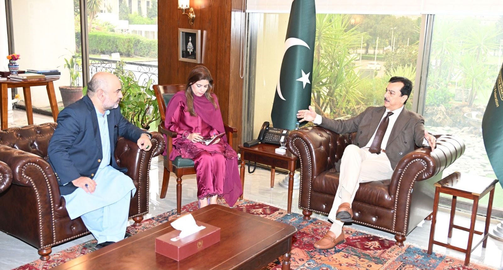 Chairman Senate, Syed Yousaf Raza Gilani in a meeting with Chairman of the Sufi Council and founder and President of the SACH Institute, Peer Syed Mudassir Nazar Shah at Parliament House, Islamabad.
