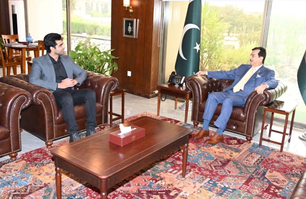 Chairman Senate, Syed Yousaf Raza Gilani in a meeting with internationally acclaimed Pakistani professional wrestler Ather Zahid, at Parliament House, Islamabad.