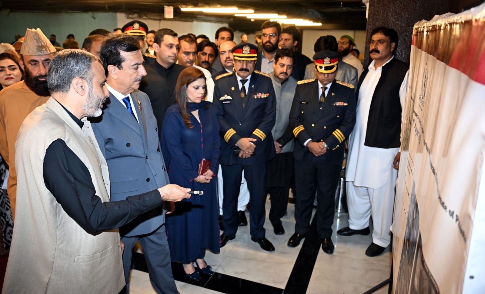Chairman Senate, Syed Yousaf Raza Gilani is being briefed by Secretary Senate, Syed Husnain Haider about newly constructed and renovated Senate offices at Parliament House, Islamabad
