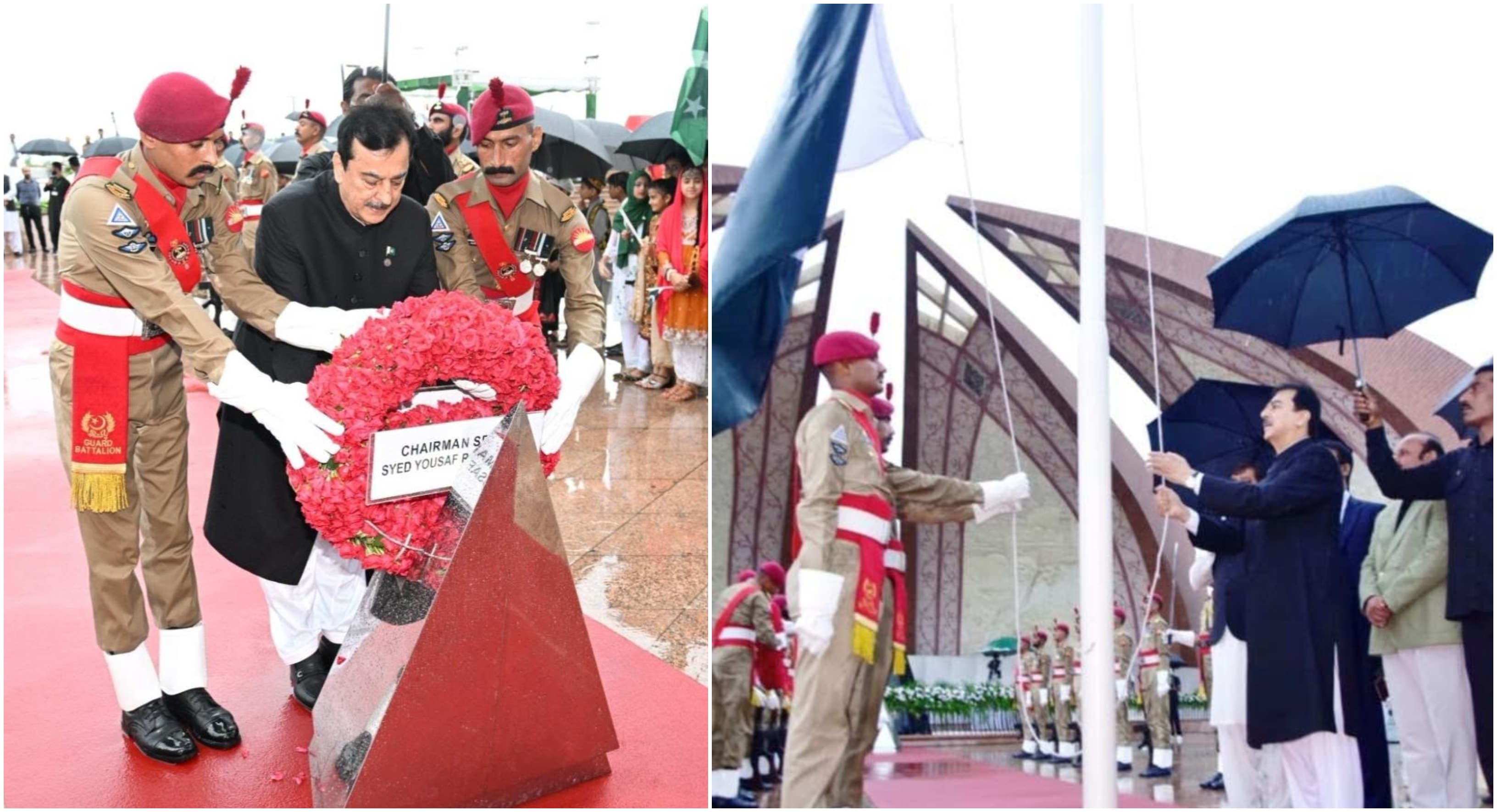 Chairman Senate, Syed Yousaf Raza Gilani laying flower wreath at Shuhada Monument and hoisting the National Flag at a ceremony at the Pakistan Monument, Islamabad