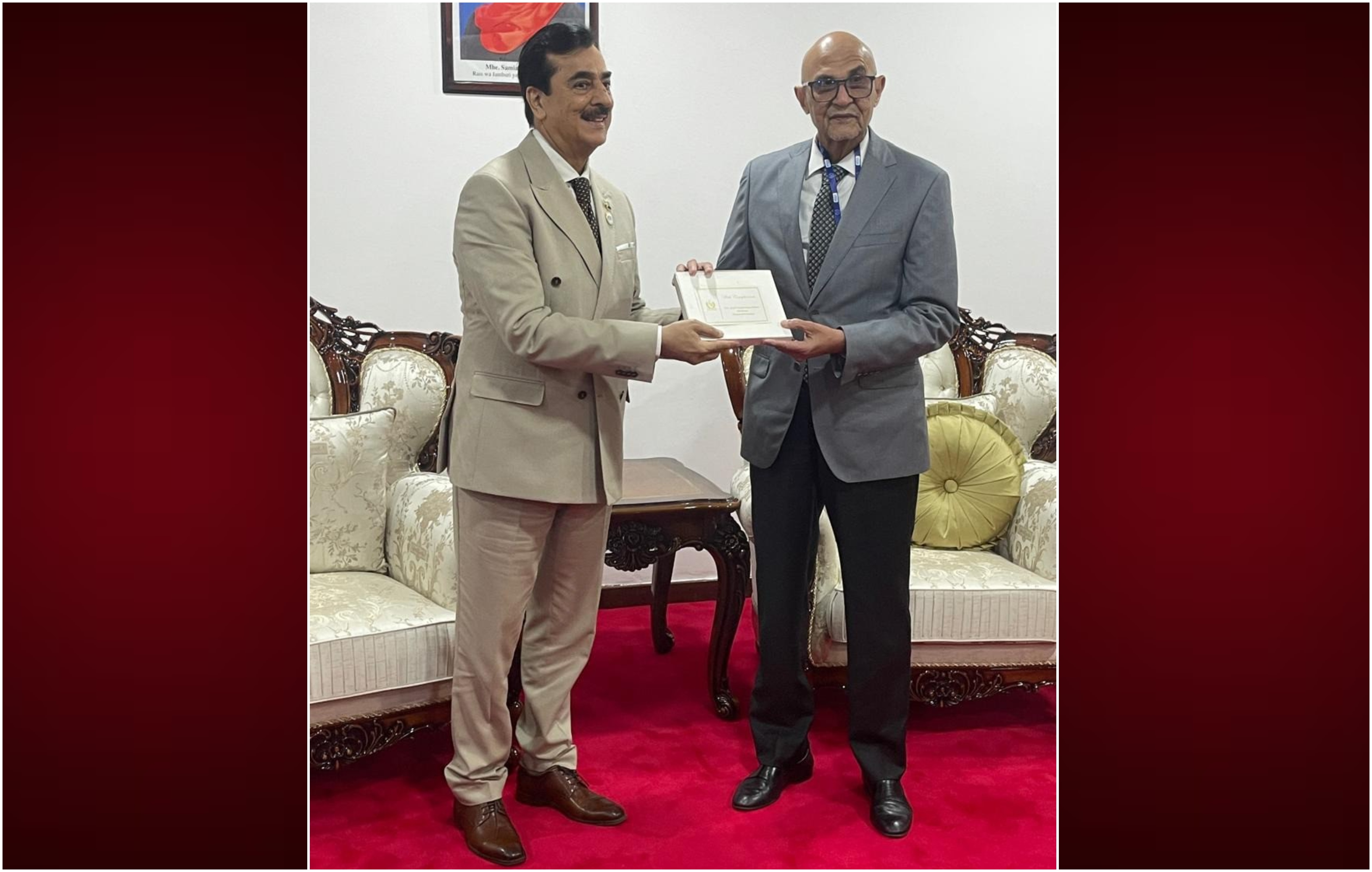 Tanzania: Chairman Senate of Pakistan Syed Yousaf Raza Gilani presenting a souvenir to Hon. Mussa Azzan Zungu, Speaker of the National Assembly of Tanzania, on the sidelines of the 153rd Assembly of the Inter-Parliamentary Union in Arusha