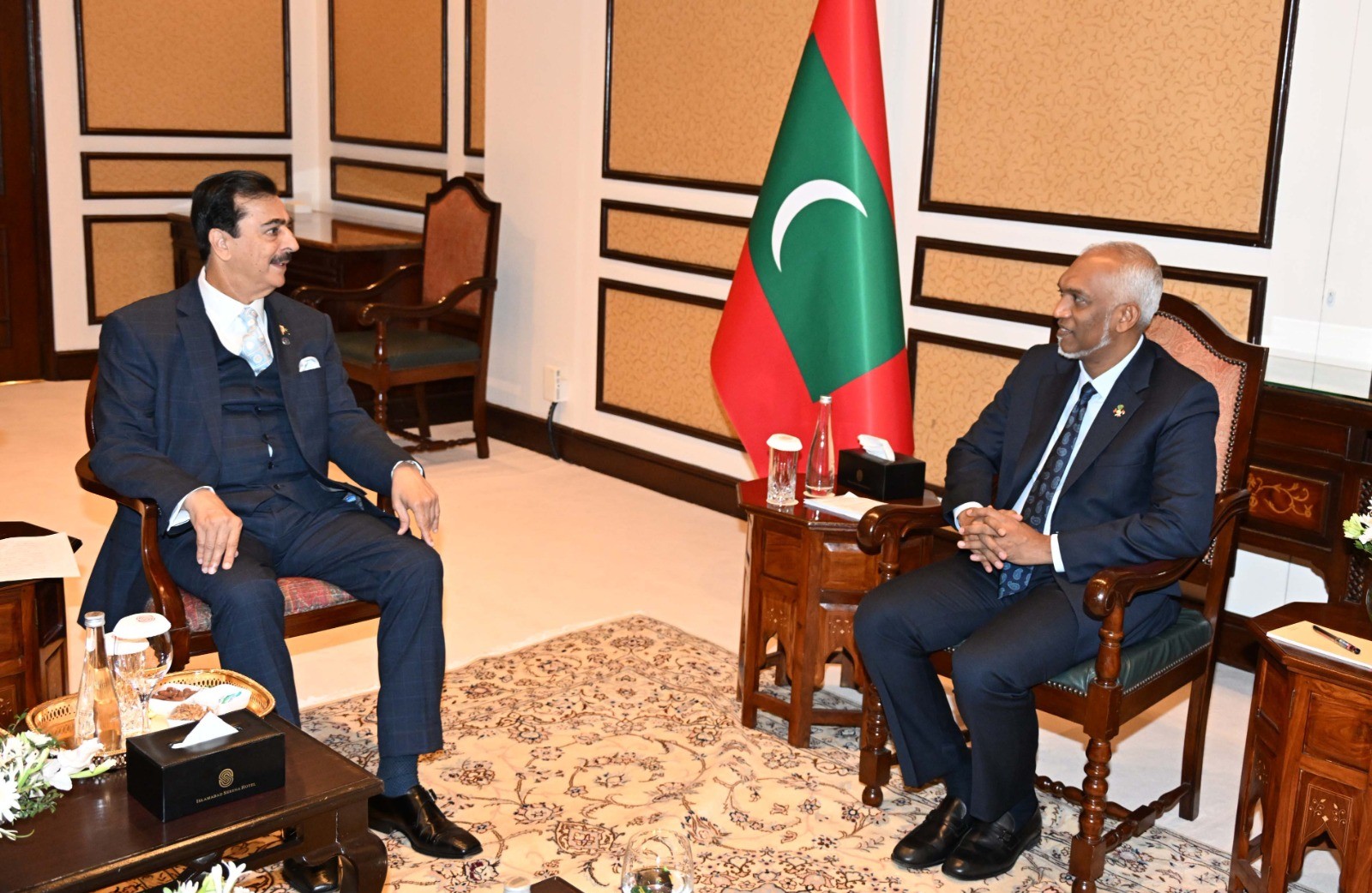 Chairman Senate, Syed Yousaf Raza Gilani in a meeting with the President of the Republic of Maldives, Dr Mohamed Muizzu, in Islamabad